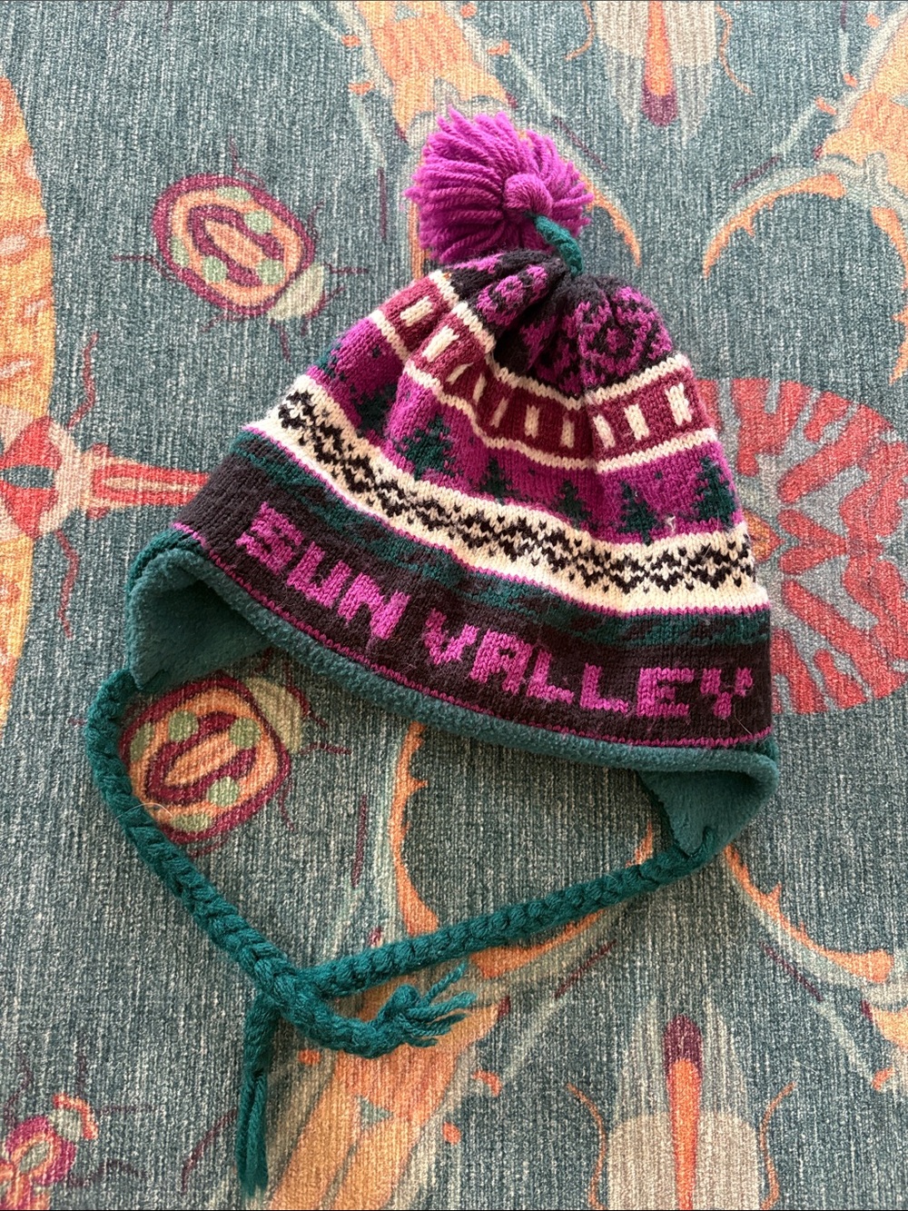 Vintage 80s Sun Valley Pom-Pom Earflap Hat in Teal and Magenta